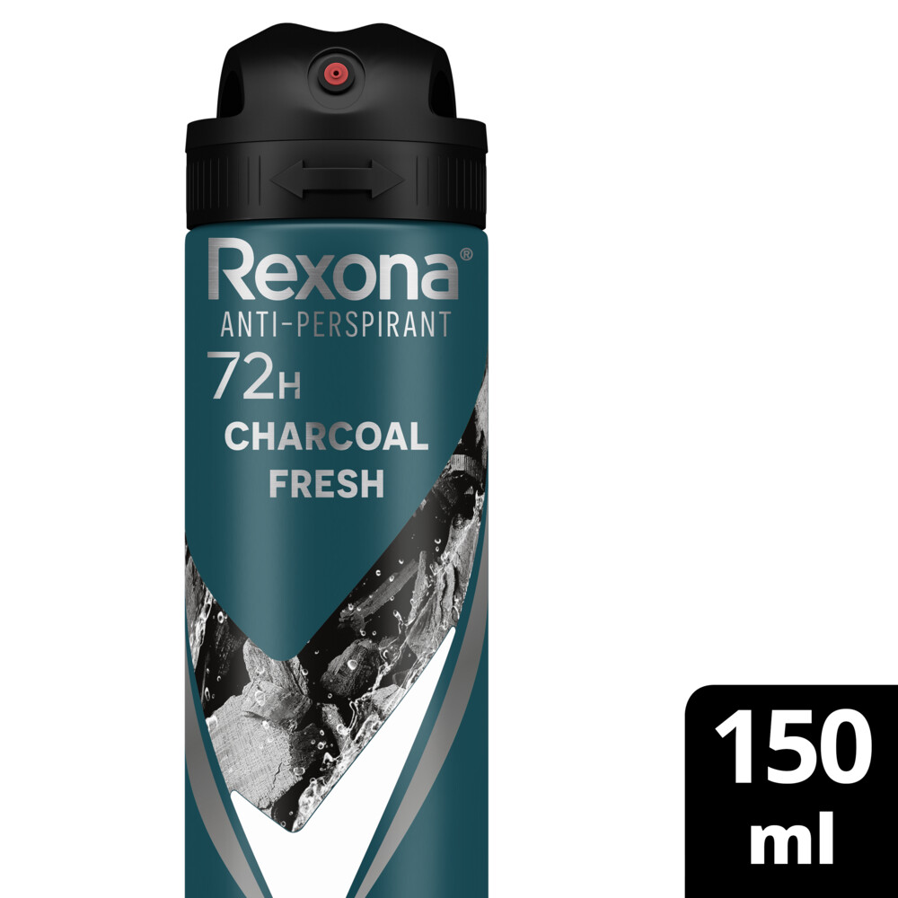 REXONA MEN بخاخ مضار للتعرق للرجال من ريكسونا، يمنحك حماية ٧٢ ساعة من رايحة العرق والبلل، انتعاش الفحم، مزوّد بتقنية موشن سينس، ١٥٠ مل