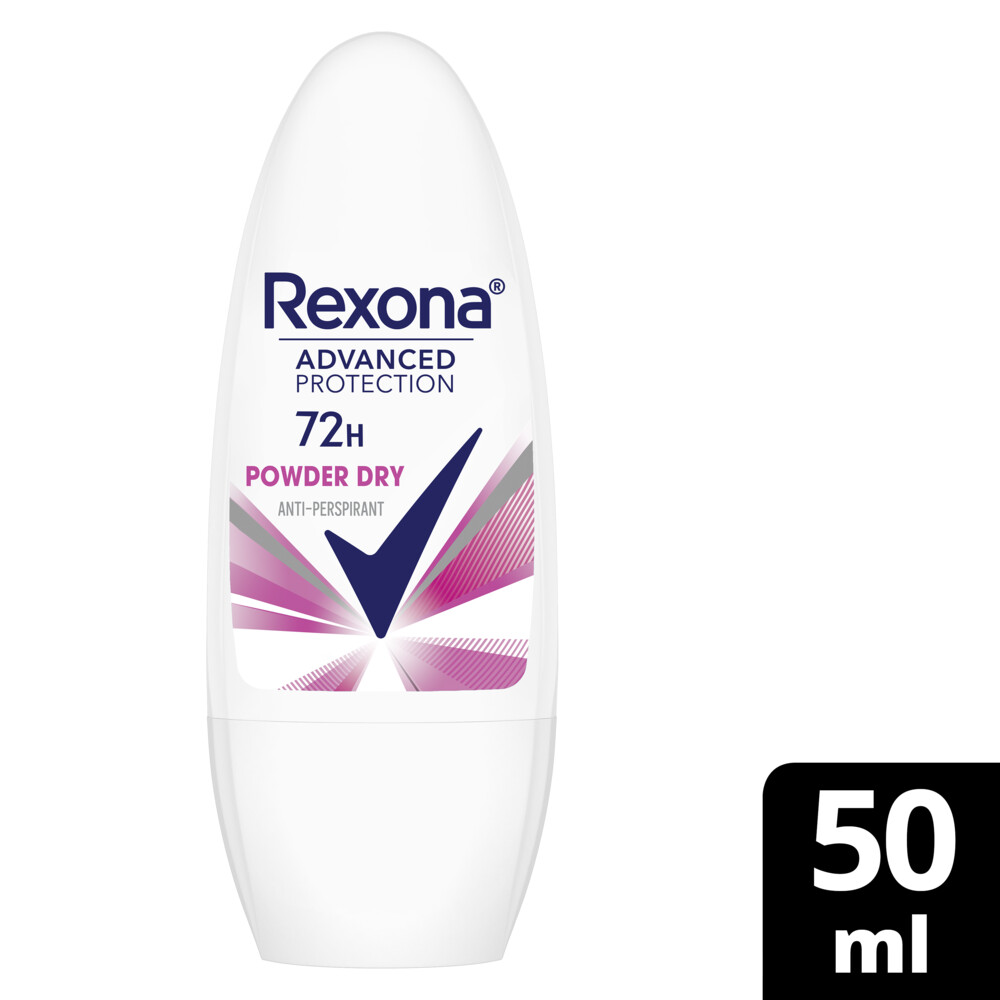 REXONA ريكسونا بالكرة الدوارة للنساء، يمنحك حماية ٧٢ ساعة من رائحة العرق والبلل، باودر دراي، مع تكنولوجيا الموشنسنس، ٥٠ مل